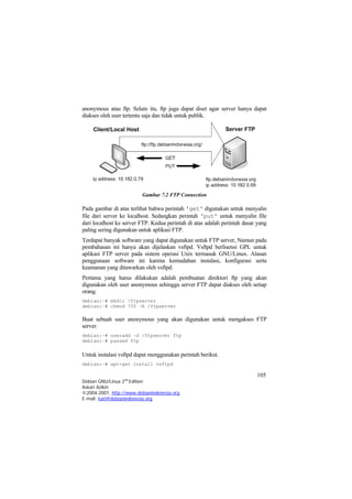 anonymous atau ftp. Selain itu, ftp juga dapat diset agar server hanya dapat diakses oleh user tertentu saja dan tidak untuk publik. 
Gambar 7.2 FTP Connection 
Pada gambar di atas terlihat bahwa perintah 'get' digunakan untuk menyalin file dari server ke localhost. Sedangkan perintah 'put' untuk menyalin file dari localhost ke server FTP. Kedua perintah di atas adalah perintah dasar yang paling sering digunakan untuk aplikasi FTP. 
Terdapat banyak software yang dapat digunakan untuk FTP server, Namun pada pembahasan ini hanya akan dijelaskan vsftpd. Vsftpd berlisensi GPL untuk aplikasi FTP server pada sistem operasi Unix termasuk GNU/Linux. Alasan penggunaan software ini karena kemudahan instalasi, konfigurasi serta keamanan yang ditawarkan oleh vsftpd. 
Pertama yang harus dilakukan adalah pembuatan direktori ftp yang akan digunakan oleh user anonymous sehingga server FTP dapat diakses oleh setiap orang. 
debian:~# mkdir /ftpserver 
debian:~# chmod 755 –R /ftpserver 
Buat sebuah user anonymous yang akan digunakan untuk mengakses FTP server. 
debian:~# useradd –d /ftpserver ftp 
debian:~# passwd ftp 
Untuk instalasi vsftpd dapat menggunakan perintah berikut. 
debian:~# apt-get install vsftpd 
105 
Debian GNU/Linux 2nd Edition 
Askari Azikin 
©2004-2007, http://www.debianindonesia.org 
E-mail: kari@debianindonesia.org 
 