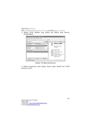 Time limit: Default 
DN: dc=debianIndonesia,dc=org atau klik Query Server 
4. Berikut LDAP database yang diakses dari address book browser- KAddressBook 
Gambar 7.58 Address book browser 
5. Berikut pengiriman email dengan alamat tujuan diambil dari LDAP directory service. 161 
Debian GNU/Linux 2nd Edition 
Askari Azikin 
©2004-2007, http://www.debianindonesia.org 
E-mail: kari@debianindonesia.org 
 
