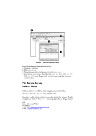 Gambar 7.59 Kmail with address book 
Langkah-langkahnya adalah sebagai berikut: 
1. Membuat e-mail baru 
2. Klik Select... 
3. Muncul jendela dialog berikutnya, pilih address book 
4. Sorot alamat email tujuan – kemudian klik Add as To, Add as CC, Add as BCC sesuai dengan skala prioritas tujuan yang akan menerima e-mail tersebut. 
7.6 Samba Server 
Instalasi Samba 
Instalasi samba di server debian dapat menggunakan perintah berikut. 
debian:~# apt-get install samba samba-client 
Kemudian buatlah sebuah direktori yang akan dishare ke jaringan. Penulis menggunakan direktori `ftpserver` yang juga dapat diakses dengan fasilitas 162 
Debian GNU/Linux 2nd Edition 
Askari Azikin 
©2004-2007, http://www.debianindonesia.org 
E-mail: kari@debianindonesia.org 
 