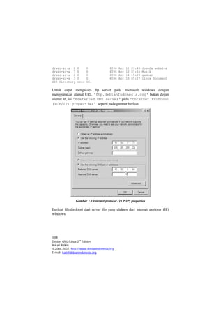 drwxr-xr-x 2 0 0 4096 Apr 11 23:46 Joomla website 
drwxr-xr-x 7 0 0 4096 Apr 12 01:55 Musik 
drwxr-xr-x 2 0 0 4096 Apr 14 15:29 gambar 
drwxr-xr-x 3 0 0 4096 Apr 13 05:27 linux Document 
226 Directory send OK. 
Untuk dapat mengakses ftp server pada microsoft windows dengan menggunakan alamat URL 'ftp.debianIndonesia.org' bukan degan alamat IP, isi 'Preferred DNS server' pada 'Internet Protocol (TCP/IP) properties' seperti pada gambar berikut. 
Gambar 7.3 Internet protocol (TCP/IP) properties 
Berikut file/direktori dari server ftp yang diakses dari internet explorer (IE) windows. 
108 
Debian GNU/Linux 2nd Edition 
Askari Azikin 
©2004-2007, http://www.debianindonesia.org 
E-mail: kari@debianindonesia.org 
 