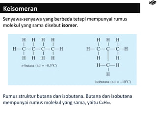 Keisomeran 
Senyawa-senyawa yang berbeda tetapi mempunyai rumus 
molekul yang sama disebut isomer. 
Rumus struktur butana dan isobutana. Butana dan isobutana 
mempunyai rumus molekul yang sama, yaitu C4H10. 
 