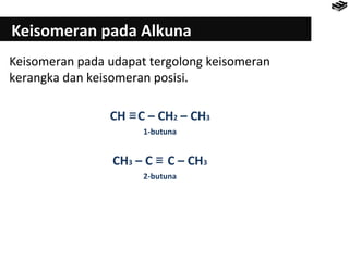Keisomeran pada Alkuna 
Keisomeran pada udapat tergolong keisomeran 
kerangka dan keisomeran posisi. 
CH ≡C – CH2 – CH3 
1-butuna 
CH3 – C ≡ C – CH3 
2-butuna 
 