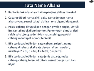 Tata Nama Alkana 
1. Rantai induk adalah rantai terpanjang dalam molekul 
2. Cabang diberi nama alkil, yaitu sama dengan nama 
alkana yang sesuai tetapi akhiran ana diganti dengan il. 
3. Posisi cabang ditunjukkan dengan awalan angka. Untuk 
itu, rantai induk diberi nomor. Penomoran dimulai dari 
salah satu ujung sedemikian rupa sehingga posisi 
cabang mendapat nomor terkecil. 
4. Bila terdapat lebih dari satu cabang sejenis, nama 
cabang disebut sekali saja dengan diberi awalan, 
misalnya 2 = di, 3 = tri, 4 = tetra, 5 = petra. 
5. Bila terdapat lebih dari satu jenis cabang, maka 
cabang-cabang tersebut ditulis sesuai dengan urutan 
abjad. 
 