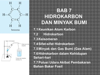 BAB 7 
HIDROKARBON 
DAN MINYAK BUMI 
7.1Keunikan Atom Karbon 
7.2 Hidrokarbon 
7.3Keisomeran 
7.4Sifat-sifat Hidrokarbon 
7.5Minyak dan Gas Bumi (Gas Alam) 
7.6Hidrokarbon dalam Kehidupan 
Sehari-hari 
7.7Polusi Udara Akibat Pembakaran 
Bahan Bakar Fosil 
 