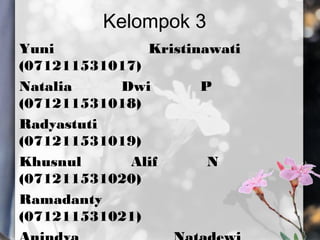 Kelompok 3
Yuni Kristinawati
(071211531017)
Natalia Dwi P
(071211531018)
Radyastuti
(071211531019)
Khusnul Alif N
(071211531020)
Ramadanty
(071211531021)
 