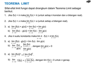 TEOREMA LIMIT
1. Jika f(x) = k maka lim f(x) = k (untuk setiap k konstan dan a bilangan real).
x  a
2. Jika f(x) = x maka lim f(x) = a (untuk setiap a bilangan real).
x  a
3. a) lim {f(x) + g(x)} = lim f(x) + lim g(x)
b) lim {f(x)  g(x)} = lim f(x)  lim g(x)
x  a
x  ax  a
x  a
4. Jika k suatu konstanta maka lim k  f(x) = k lim f(x).
x  a
x  a
x  a x  a
x  a
5. a) lim {f(x)  g(x)} = lim f(x)  lim g(x)
b) lim f(x)
g(x)
=
lim f(x)
x  a
x  a
lim g(x)
x  a
, dengan lim g(x)  0x  a
lim f(x)
x  a
n
f(x)
n
= , dengan lim f(x)  0 untuk n genap.
x  a
6. a) lim {f(x)}n
b) lim
x  a
x  a
lim f(x)
x  a
{ }
n
.=
Sifat-sifat limit fungsi dapat dirangkum dalam Teorema Limit sebagai
berikut.
 