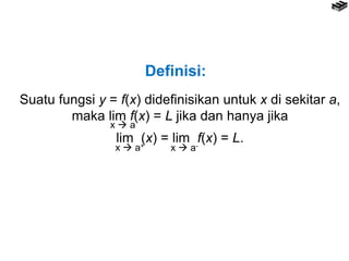 Suatu fungsi y = f(x) didefinisikan untuk x di sekitar a,
maka lim f(x) = L jika dan hanya jika
lim (x) = lim f(x) = L.
Definisi:
x  a+ x  a-
x  a
 