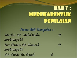 Nama Ahli Kumpulan :- Marlini  Bt. Mohd Asdin D 20061027066 Nur Hanani Bt. Hamzah D 20061027068 Siti Soleha Bt. Ramli D 20061027069 Mustafa Omar B. Ahmad D 20072031050 
