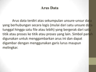 Arus Data
Arus data terdiri atas sekumpulan unsure-unsur data
yang berhubungan secara logis (mulai dari satu unsure data
tunggal hingga satu file atau lebih) yang bergerak dari satu
titik atau proses ke titik atau proses yang lain. Simbol panah
digunakan untuk menggambarkan arus ini dan dapat
digambar dengan menggunakan garis lurus maupun
melingkar.

 