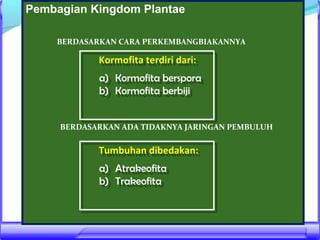 Pembagian Kingdom Plantae
BERDASARKAN CARA PERKEMBANGBIAKANNYA

Kormofita terdiri dari:
Kormofita terdiri dari:
a) Kormofita berspora
a) Kormofita berspora
b) Kormofita berbiji
b) Kormofita berbiji
BERDASARKAN ADA TIDAKNYA JARINGAN PEMBULUH

Tumbuhan dibedakan:
Tumbuhan dibedakan:
a) Atrakeofita
a) Atrakeofita
b) Trakeofita
b) Trakeofita

 