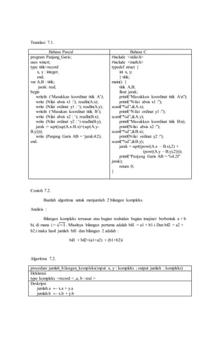 Translasi 7.1.
Bahasa Pascal Bahasa C
program Panjang_Garis;
uses wincrt;
type titik=record
x, y : integer;
end;
var A,B : titik;
jarak: real;
begin
writeln (‘Masukkan koordinat titik A’);
write (Nilai absis x1 :’); readln(A.x);
write (Nilai ordinat y1 : ‘); readln(A.y);
writeln (‘Masukan koordinat titik B’);
write (Nilai absis x2 : ‘); readln(B.x);
write (Nilai ordinat y2 : ‘) readln(B.y);
jarak := sqrt((sqr(A.x-B.x)+(sqr(A.y-
B.y))));
write (Panjang Garis AB = ‘jarak:4:2);
end.
#include <stdio.h>
#include <math.h>
typedef struct {
int x, y;
} titik;
main() {
titik A,B;
float jarak;
printf(“Masukkan koordinat titik An”);
printf(“Nilai absis x1 :”);
scanf(“%d”,&A.x);
printf(“Nilai ordinat y1 :”);
scanf(“%d”,&A.y);
printf(“Masukkan koordinat titik Bn);
printf(Nilai absis x2 :”);
scanf(“%d”,&B.x);
printf(Nilai ordinat y2 :”);
scanf(“%d”,&B.y);
jarak = sqrt((pow((A.x – B.x),2) +
(pow((A.y – B.y),2))));
printf(“Panjang Garis AB = %4.2f”
jarak);
return 0;
}
Contoh 7.2.
Buatlah algoritma untuk menjumlah 2 bilangan kompleks.
Analisis :
Bilangan kompleks tersusun atas bagian realmdan bagian imajiner berbentuk a + b
bi, di mana i = √−1 . Misalnya bilangan pertama adalah bil1 = a1 + b1.i Dan bil2 = a2 +
b2.i maka hasil jumlah bil1 dan bilangan 2 adalah :
bil1 + bil2=(a1+a2) + (b1+b2)i
Algoritma 7.2.
procedure jumlah_bilangan_kompleks(input x, y : kompleks ; output jumlah : kompleks)
Deklarasi
type kompleks =record < ,a, b : real >
Deskripsi
jumlah.a ← x.a + y.a
jumlah.b ← x.b + y.b
 