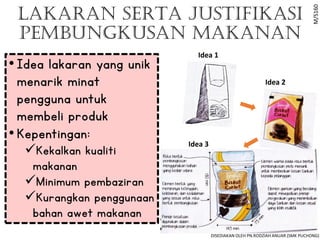 LAKARAN SERTA JUSTIFIKASI
PEMBUNGKUSAN MAKANAN
•Idea lakaran yang unik
menarik minat
pengguna untuk
membeli produk
• Kepentingan:
✓Kekalkan kualiti
makanan
✓Minimum pembaziran
✓Kurangkan penggunaan
bahan awet makanan
M/S160
Idea 1
Idea 2
Idea 3
DISEDIAKAN OLEH PN.RODZIAH ANUAR (SMK PUCHONG)
 