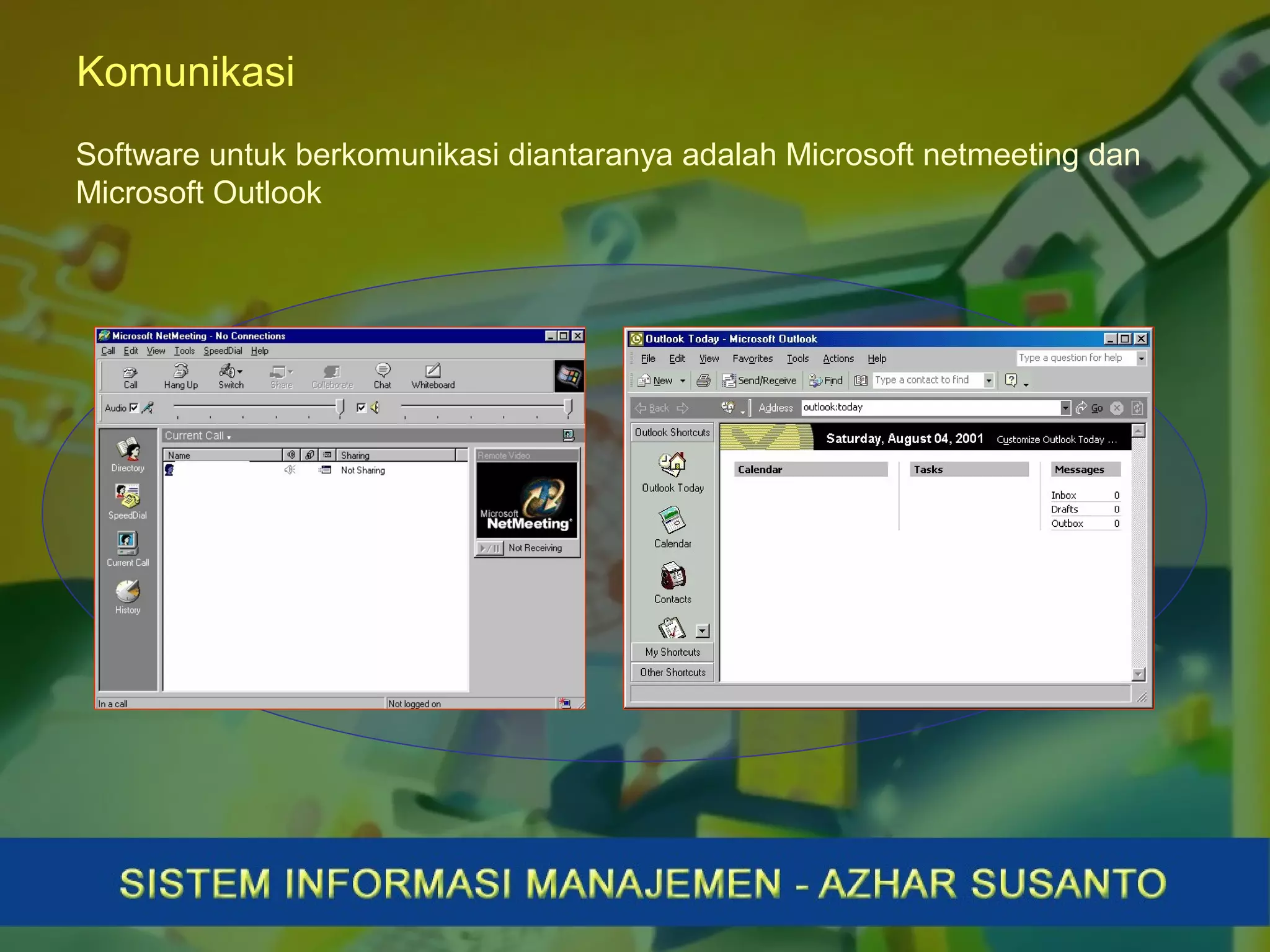 Komunikasi
Software untuk berkomunikasi diantaranya adalah Microsoft netmeeting dan
Microsoft Outlook
 