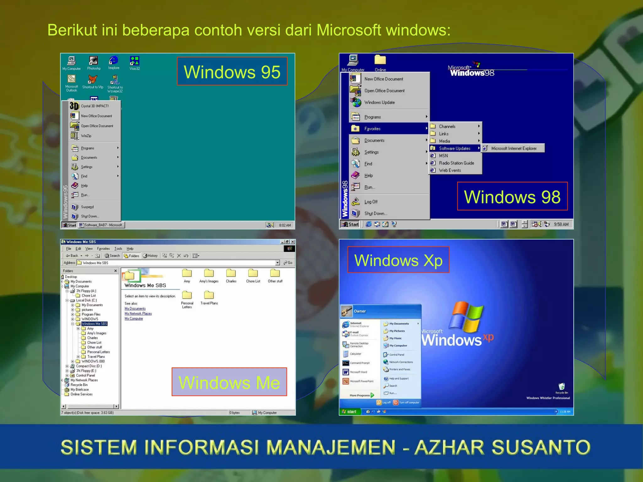 Berikut ini beberapa contoh versi dari Microsoft windows:
Windows 95
Windows 98
Windows Me
Windows Xp
 