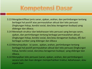 3.13 Mengidentifikasi jenis saran, ajakan, arahan, dan pertimbangan tentang
berbagai hal positif atas permasalahan aktual dari teks persuasi
(lingkungan hidup, kondisi sosial, dan/atau keragaman budaya) yang
didengar dan dibaca.
3.14 Menelaah struktur dan kebahasaan teks persuasi yang berupa saran,
ajakan, dan pertimbangan tentang berbagai permasalahan aktual
(lingkungan hidup, kondisi sosial, dan/atau keragaman budaya, dll) dari
berbagai sumber yang didengar dan dibaca
4.13 Menyimpulkan isi saran, ajakan, arahan, pertimbangan tentang
berbagai hal positif permasalahan aktual dari teks persuasi (lingkungan
hidup, kondisi sosial, dan/atau keragaman budaya) yang didengar dan
dibaca.
4.14 Menyajikan teks persuasi (saran, ajakan, arahan, dan pertimbangan)
secara tulis dan lisan dengan memperhatikan truktur, kebahasaan, atau
aspek lisan
 