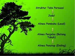 Alinea Penutup (Ending)
Struktur Teks Persuasi
Judul
Alinea Pembuka (Lead)
Alinea Penjelas (Batang
Tubuh)
 