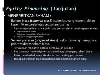 Equity Financing (lanjutan)MENERBITKAN SAHAM : Saham biasa (common stock) : sekuritas yang menun-jukkan kepemilikan parsial atas sebuah perusahaan.Berhak memberikan suara pada pada permasalahan penting perusahaan : Pemilihan dewan direksiKeputusan menerbitkan saham biasa baruKeputusan penggabungan usahaSaham preferen (preferred stock) : sekuritas yang mempunyai prioritas diatas saham biasa.Perusahaan menjamin adanya pembayaran devidenJika bangkrut memiliki prioritas klaim diatas pemegang saham biasaTidak memiliki hak suara atas keputusan penting perusahaan.Jarang dikeluarkan oleh perusahaan (lebih memilih saham biasa)IrfalIrwant, Introduction To Business, 2010