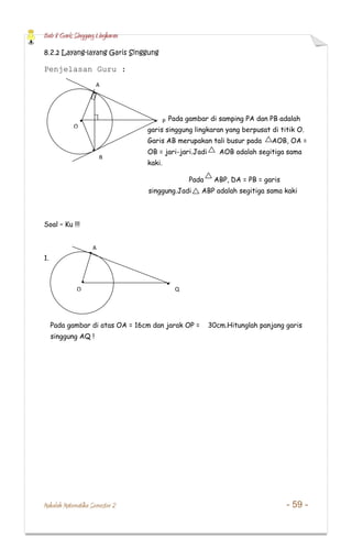 Bab 8 Garis Singgung Lingkaran
Makalah Matematika Semester 2 - 59 -
O Q
A
8.2.2 Layang-layang Garis Singgung
Penjelasan Guru :
Pada gambar di samping PA dan PB adalah
garis singgung lingkaran yang berpusat di titik O.
Garis AB merupakan tali busur pada AOB, OA =
OB = jari-jari.Jadi AOB adalah segitiga sama
kaki.
Pada ABP, DA = PB = garis
singgung.Jadi ABP adalah segitiga sama kaki
Soal – Ku !!!
1.
Pada gambar di atas OA = 16cm dan jarak OP = 30cm.Hitunglah panjang garis
singgung AQ !
O
A
B
P
 