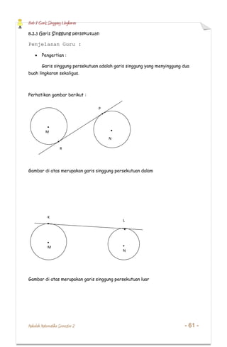 Bab 8 Garis Singgung Lingkaran
Makalah Matematika Semester 2 - 61 -
8.2.3 Garis Singgung persekutuan
Penjelasan Guru :
Pengertian :
Garis singgung persekutuan adalah garis singgung yang menyinggung dua
buah lingkaran sekaligus.
Perhatikan gambar berikut :
Gambar di atas merupakan garis singgung persekutuan dalam
Gambar di atas merupakan garis singgung persekutuan luar
M
N
P
R
M
N
K
L
 
