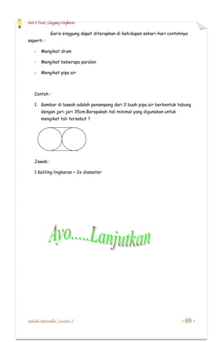 Bab 8 Garis Singgung Lingkaran
Makalah Matematika Semester 2 - 69 -
Garis singgung dapat diterapkan di kehidupan sehari-hari contohnya
seperti :
- Mengikat drum
- Mengikat beberapa paralon
- Mengikat pipa air
Contoh :
1. Gambar di bawah adalah penampang dari 2 buah pipa air berbentuk tabung
dengan jari-jari 35cm.Berapakah tali minimal yang digunakan untuk
mengikat tali tersebut ?
Jawab :
1 Keliling lingkaran + 2x diameter
 