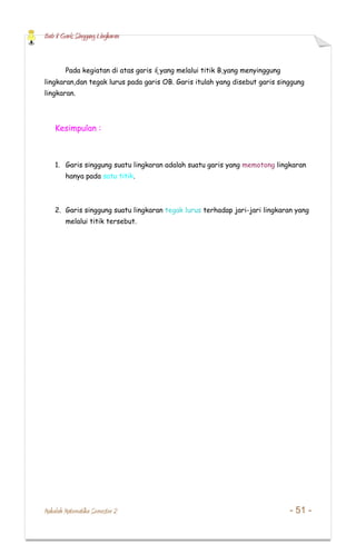 Bab 8 Garis Singgung Lingkaran
Makalah Matematika Semester 2 - 51 -
Pada kegiatan di atas garis k yang melalui titik B,yang menyinggung
lingkaran,dan tegak lurus pada garis OB. Garis itulah yang disebut garis singgung
lingkaran.
Kesimpulan :
1. Garis singgung suatu lingkaran adalah suatu garis yang memotong lingkaran
hanya pada satu titik.
2. Garis singgung suatu lingkaran tegak lurus terhadap jari-jari lingkaran yang
melalui titik tersebut.
 