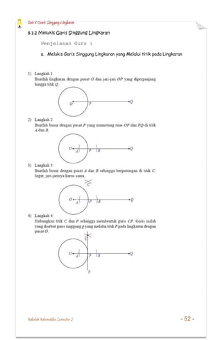 Bab 8 Garis Singgung Lingkaran
Makalah Matematika Semester 2 - 52 -
8.1.2 Melukis Garis Singgung Lingkaran
Penjelasan Guru :
a. Melukis Garis Singgung Lingkaran yang Melalui titik pada Lingkaran
 