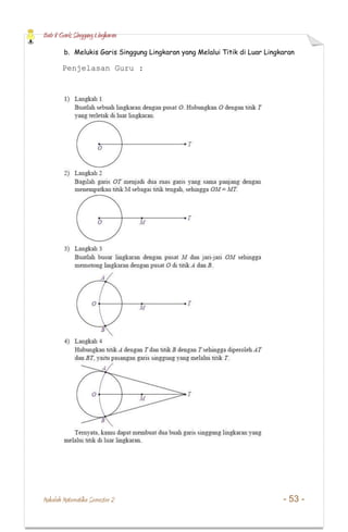 Bab 8 Garis Singgung Lingkaran
Makalah Matematika Semester 2 - 53 -
b. Melukis Garis Singgung Lingkaran yang Melalui Titik di Luar Lingkaran
Penjelasan Guru :
 