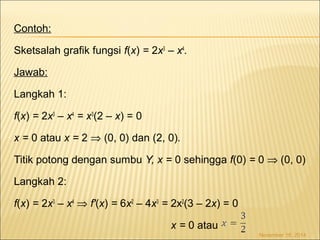 Contoh: 
Sketsalah grafik fungsi f(x) = 2x3 – x4. 
Jawab: 
Langkah 1: 
f(x) = 2x3 – x4 = x3(2 – x) = 0 
x = 0 atau x = 2 Þ (0, 0) dan (2, 0). 
Titik potong dengan sumbu Y, x = 0 sehingga f(0) = 0 Þ (0, 0) 
Langkah 2: 
f(x) = 2x3 – x4 Þ f'(x) = 6x2 – 4x3 = 2x2(3 – 2x) = 0 
x = 0 atau 
November 18, 2014 
 