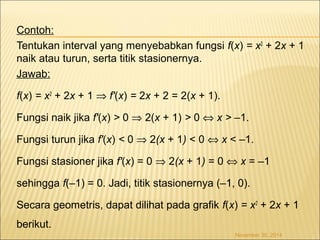 Contoh: 
Tentukan interval yang menyebabkan fungsi f(x) = x2 + 2x + 1 
naik atau turun, serta titik stasionernya. 
Jawab: 
f(x) = x2 + 2x + 1 Þ f'(x) = 2x + 2 = 2(x + 1). 
Fungsi naik jika f'(x) > 0 Þ 2(x + 1) > 0 Û x > –1. 
Fungsi turun jika f'(x) < 0 Þ 2(x + 1) < 0 Û x < –1. 
Fungsi stasioner jika f'(x) = 0 Þ 2(x + 1) = 0 Û x = –1 
sehingga f(–1) = 0. Jadi, titik stasionernya (–1, 0). 
Secara geometris, dapat dilihat pada grafik f(x) = x2 + 2x + 1 
berikut. 
November 30, 2014 
 