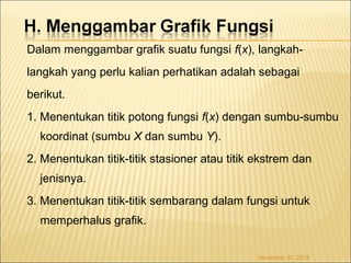 Dalam menggambar grafik suatu fungsi f(x), langkah-langkah 
yang perlu kalian perhatikan adalah sebagai 
berikut. 
1. Menentukan titik potong fungsi f(x) dengan sumbu-sumbu 
koordinat (sumbu X dan sumbu Y). 
2. Menentukan titik-titik stasioner atau titik ekstrem dan 
jenisnya. 
3. Menentukan titik-titik sembarang dalam fungsi untuk 
memperhalus grafik. 
November 30, 2014 
 