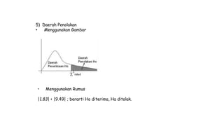 5) Daerah Penolakan
• Menggunakan Gambar
• Menggunakan Rumus
|1.83| < |9.49| ; berarti Ho diterima, Ha ditolak.
 