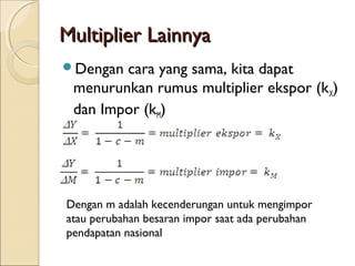 Multiplier Lainnya
Dengan

cara yang sama, kita dapat
menurunkan rumus multiplier ekspor (kX)
dan Impor (kM)

Dengan m adalah kecenderungan untuk mengimpor
atau perubahan besaran impor saat ada perubahan
pendapatan nasional

 