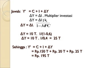 Jawab: Y’ = C + I + ΔY
ΔY = ΔI . Multiplier investasi
ΔY = ΔI 1kI
.
ΔY = ΔI. 1−M C
P
ΔY = 10 T. 1/(1-0,6)
ΔY = 10 T . 1/0,4 = 25 T
Sehingga : Y’ = C + I + ΔY
= Rp.150 T + Rp. 20 T + Rp. 25 T
= Rp. 195 T

 