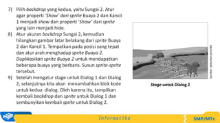 7) Pilih backdrop yang kedua, yaitu Sungai 2. Atur
agar properti ‘Show’ dari sprite Buaya 2 dan Kancil
1 menjadi show dan properti ‘Show’ dari sprite
yang lain menjadi hide.
8) Atur ukuran backdrop Sungai 2, kemudian
hilangkan gambar latar belakang dari sprite Buaya
2 dan Kancil 1. Tempatkan pada posisi yang tepat
dan atur arah menghadap sprite Buaya 2.
Duplikasikan sprite Buaya 2 untuk mendapatkan
beberapa buaya yang berbaris. Susun sprite-sprite
tersebut.
9) Setelah mengatur stage untuk Dialog 1 dan Dialog
2, selanjutnya kita akan menambahkan blok kode
untuk kedua dialog. Oleh karena itu, tampilkan
kembali backdrop dan sprite untuk Dialog 1 dan
sembunyikan kembali sprite untuk Dialog 2.
Stage untuk Dialog 2
Sumber:
dokumen
penerbit
 