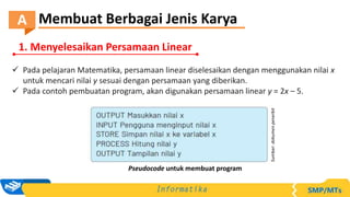 Membuat Berbagai Jenis Karya
A
1. Menyelesaikan Persamaan Linear
 Pada pelajaran Matematika, persamaan linear diselesaikan dengan menggunakan nilai x
untuk mencari nilai y sesuai dengan persamaan yang diberikan.
 Pada contoh pembuatan program, akan digunakan persamaan linear y = 2x – 5.
Pseudocode untuk membuat program
Sumber:
dokumen
penerbit
 