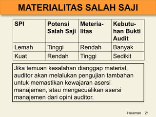 Halaman 21
SPI Potensi
Salah Saji
Meteria-
litas
Kebutu-
han Bukti
Audit
Lemah Tinggi Rendah Banyak
Kuat Rendah Tinggi Sedikit
Jika temuan kesalahan dianggap material,
auditor akan melalukan pengujian tambahan
untuk memastikan kewajaran asersi
manajemen, atau mengecualikan asersi
manajemen dari opini auditor.
 