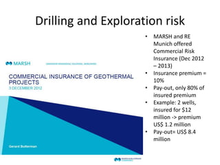 Drilling and Exploration risk
• MARSH and RE
Munich offered
Commercial Risk
Insurance (Dec 2012
– 2013)
• Insurance premium =
10%
• Pay-out, only 80% of
insured premium
• Example: 2 wells,
insured for $12
million -> premium
US$ 1.2 million
• Pay-out= US$ 8.4
million
 