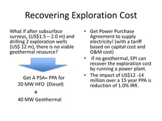 Recovering Exploration Cost
• Get Power Purchase
Agreement to supply
electricity! (with a tariff
based on capital cost and
O&M cost)
• If no geothermal, EPI can
recover the exploration cost
by running a power plant.
• The impact of US$12 -14
million over a 15 year PPA is
reduction of 1.0% IRR.
What if after subsurface
surveys, (US$1.5 – 2.0 m) and
drilling 2 exploration wells
(US$ 12 m), there is no viable
geothermal resource?
Get A PSA= PPA for
20 MW HFO (Diesel)
+
40 MW Geothermal
 