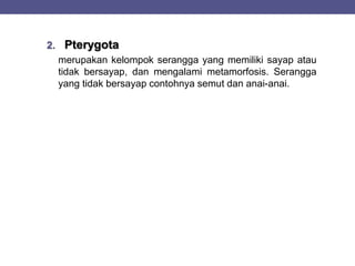 2. Pterygota
merupakan kelompok serangga yang memiliki sayap atau
tidak bersayap, dan mengalami metamorfosis. Serangga
yang tidak bersayap contohnya semut dan anai-anai.
 