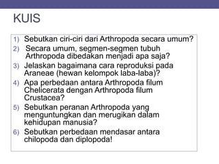 KUIS
1) Sebutkan ciri-ciri dari Arthropoda secara umum?
2) Secara umum, segmen-segmen tubuh
Arthropoda dibedakan menjadi apa saja?
3) Jelaskan bagaimana cara reproduksi pada
Araneae (hewan kelompok laba-laba)?
4) Apa perbedaan antara Arthropoda filum
Chelicerata dengan Arthropoda filum
Crustacea?
5) Sebutkan peranan Arthropoda yang
menguntungkan dan merugikan dalam
kehidupan manusia?
6) Sebutkan perbedaan mendasar antara
chilopoda dan diplopoda!
 