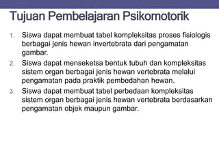 Tujuan Pembelajaran Psikomotorik
1. Siswa dapat membuat tabel kompleksitas proses fisiologis
berbagai jenis hewan invertebrata dari pengamatan
gambar.
2. Siswa dapat menseketsa bentuk tubuh dan kompleksitas
sistem organ berbagai jenis hewan vertebrata melalui
pengamatan pada praktik pembedahan hewan.
3. Siswa dapat membuat tabel perbedaan kompleksitas
sistem organ berbagai jenis hewan vertebrata berdasarkan
pengamatan objek maupun gambar.
 
