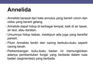 Annelida
• Annelida berasal dari kata annulus yang berarti cincin dan
oidos yang berarti gelang.
• Annelida dapat hidup di berbagai tempat, baik di air tawar,
air laut, atau daratan.
• Umumnya hidup bebas, meskipun ada juga yang bersifat
parasit.
• Filum Annelida terdiri dari cacing berbuku-buku seperti
cacing tanah.
• Perkembangan buku-buku badan ini memungkinkan
adanya pembentukan fungsi yang berbeda dalam ruas
badan (segmentasi) yang berbeda.
 
