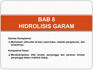 BAB 8 
HIDROLISIS GARAM 
Standar Kompetensi: 
 Memahami sifat-sifat larutan asam-basa, metode pengukuran, dan 
terapannya. 
Kompetensi Dasar: 
 Mendiskripsikan sifat larutan penyangga dan peranan larutan 
penyangga dalam makhluk hidup. 
 