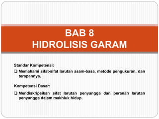 BAB 8
HIDROLISIS GARAM
Standar Kompetensi:
 Memahami sifat-sifat larutan asam-basa, metode pengukuran, dan
terapannya.
Kompetensi Dasar:
 Mendiskripsikan sifat larutan penyangga dan peranan larutan
penyangga dalam makhluk hidup.
 