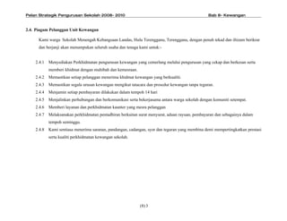 Pelan Strategik Pengurusan Sekolah 2008- 2010                                                    Bab 8- Kewangan



2.4. Piagam Pelanggan Unit Kewangan

      Kami warga Sekolah Menengah Kebangsaan Landas, Hulu Terengganu, Terengganu, dengan penuh tekad dan iltizam berikrar
      dan berjanji akan menumpukan seluruh usaha dan tenaga kami untuk:-


    2.4.1   Menyediakan Perkhidmatan pengurusan kewangan yang cemerlang melalui pengurusan yang cekap dan berkesan serta
            memberi khidmat dengan muhibah dan kemesraan.
    2.4.2   Memastikan setiap pelanggan menerima khidmat kewangan yang berkualiti.
    2.4.3   Memastikan segala urusan kewangan mengikut tatacara dan prosedur kewangan tanpa teguran.
    2.4.4   Menjamin setiap pembayaran dilakukan dalam tempoh 14 hari
    2.4.5   Menjalinkan perhubungan dan berkomunikasi serta bekerjasama antara warga sekolah dengan komuniti setempat.
    2.4.6   Memberi layanan dan perkhidmatan kaunter yang mesra pelanggan
    2.4.7   Melaksanakan perkhidmatan pentadbiran berkaitan surat menyurat, aduan rayuan, pembayaran dan sebagainya dalam
            tempoh seminggu.
    2.4.8   Kami sentiasa menerima saranan, pandangan, cadangan, syor dan teguran yang membina demi mempertingkatkan prestasi
            serta kualiti perkhidmatan kewangan sekolah.




                                                            (8) 3
 