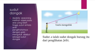 sudut
dongak
 Apabila seseorang
melihat objek pada
aras yang lebih
tinggi, sudut antara
arah
penglihatannya
dengan garis
mengufuk disebut
sebagai sudut
dongak
 