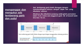 menganggar dan
mengukur saiz
tembereng garis
dan sudut
 Saiz tembereng garis boleh dianggar dengan
membandingkan saiznya dengan objek lain yang
diketahui saiznya.
 Misalnya, jika diketahui panjang sebiji getah pemadam
ialah 4 cm, maka saiz anggaran garis AB di bawah ialah
kira-kira 10 cm.
 
