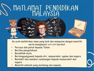 Ke arah melahirkan insan yang baik dan sempurna dengan memiliki
serta menghayati ciri-ciri berikut:
• Percaya dan patuh kepada Tuhan
• Berilmu pengetahuan
• Berakhlak mulia
• Bertanggungjawab kepada diri, masyarakat, agama dan negara
• Berbakti dan memberi sumbangan kepada masyarakat dan
negara
• Memiliki sahsiah yang seimbang dan sepadu.
 