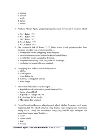 Pendidikan Agama Islam dan Budi Pekerti SMK Kelas X
136
a. sunnah
b. makruh
c. wajib
d. haram
e. mubah
4. Peraturan Menteri Agama yang mengatur pelaksanaan perwakafan di Indonesia adalah
.....
a. No. 1 Tahun 1974
b. No. 1 Tahun 1978
c. No. 2 Tahun 1977
d. No. 28 Tahun 1979
e. No. 29 Tahun 1977
5. Jika kita cermati QS. Ali Imran (3): 92 bahwa semua bentuk pemberian akan dapat
mencapai kebaikan yang sempurna apabila .....
a. memberikan sesuatu yang paling mahal harganya
b. membelanjakan sebagian harta untuk kepentingan keluarga
c. memberikan sesuatu yang paling disenangi.
d. menyerahkan sebidang tanah yang tidak ada mafaatnya.
e. pemberian itu berupa infak atau shadaqah
6. Orang yang akan melakukan wakaf disyaratkan .....
a. laki-laki
b. tidak dipaksa
c. orang Indonesia
d. memiliki secara penuh harta itu
e. kekal zatnya.
7. Ikrar wakaf dibaca oleh wakif dihadapan .....
a. Kepala Kantor Kementerian Agama Kabupaten/Kota
b. Camat sebagai PPAT
c. Kepala KUA sebagai PPAIW
d. Kyai sebagai Ta’mir masjid
e. Masyarakat desa setempat
8. Pak Arif sehari-hari bertugas sebagai guru di sebuah sekolah. Sementara itu di tempat
tinggalnya, Pak Arif adalah termasuk orang diserahi tugas mengurus dan memelihara
barang wakaf. Orang atau sekelompok orang yang diserahi tugas mengurus dan
memelihara barang wakaf disebut .....
a. nadlir
b. ta’mir masjid
c. kyai
d. mauquf
 