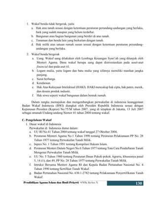 Pendidikan Agama Islam dan Budi Pekerti SMK Kelas X
130
1. Wakaf benda tidak bergerak, yaitu
a. Hak atas tanah sesuai dengan ketentuan peraturan perundang-undangan yang berlaku,
baik yang sudah maupun yang belum terdaftar.
b. Bangunan atau bagian bangunan yang berdiri di atas tanah.
c. Tanaman dan benda lain yang berkaitan dengan tanah.
d. Hak milik atas satuan rumah susun sesuai dengan ketentuan peraturan perundang-
undangan yang berlaku.
2. Wakaf benda bergerak
a. Uang. Wakaf uang dilakukan oleh Lembaga Keuangan Syari’ah yang ditunjuk oleh
Menteri Agama. Dana wakaf berupa uang dapat diinvestasikan pada asset-aset
financial dan pada aset ril.
b. Logam mulia, yaitu logam dan batu mulia yang sifatnya memiliki manfaat jangka
panjang.
c. Surat berharga.
d. Kendaraan.
e. Hak Atas Kekayaan Intelektual (HAKI). HAKI mencakup hak cipta, hak paten, merek,
dan desain produk industri.
f. Hak sewa seperti wakaf bangunan dalam bentuk rumah.
Dalam rangka memajukan dan mengembangkan perwakafan di indonesia keanggotaan
Badan Wakaf Indonesia (BWI) diangkat oleh Presiden Republik Indonesia sesuai dengan
Keputusan Presiden (Kepres) No.75/M tahun 2007, yang di tetapkan di Jakarta, 13 Juli 2007
sebagai amanah Undang-undang Nomor 41 tahun 2004 tentang wakaf.
C. Pengelolaan Wakaf
1. Dasar wakaf di Indonesia
Perwakafan di Indonesia diatur dalam:
a. UU RI No.41 Tahun 2004 tentang wakaf tanggal 27 Oktober 2004.
b. Peraturan Menteri Agama No.1 Tahun 1998 tentang Peraturan Pelaksanaan PP No. 28
Tahun 1977 tentang Perwakafan Tanah Milik.
c. Inpres No. 1 Tahun 1991 tentang Kompilasi Hukum Islam.
d. Peraturan Menteri Dalam Negeri No.6 Tahun 1977 tentang Tata Cara Pendaftaran Tanah
Mengenai Perwakafan Tanah Milik.
e. UU No. 5 Tahun 1960 tentang Peraturan Dasar Pokok-pokok Agraria, khususnya pasal
5, 14 (1), dan 49, PP No. 28 Tahun 1977 tentang Perwakafan Tanah Milik.
f. Intruksi Bersama Menteri Agama RI dan Kepala Badan Pertanahan Nasional No. 4
Tahun 1990 tentang Sertifikat Tanah Wakaf.
g. Badan Pertanahan Nasional No. 630.1-2782 tantang Pelaksanaan Penyertifikatan Tanah
Wakaf.
 